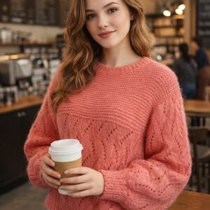 Handmade Eyelet Knit Perfect Shade of Peachy Pink Lantern Ballon Sleeve Sweater